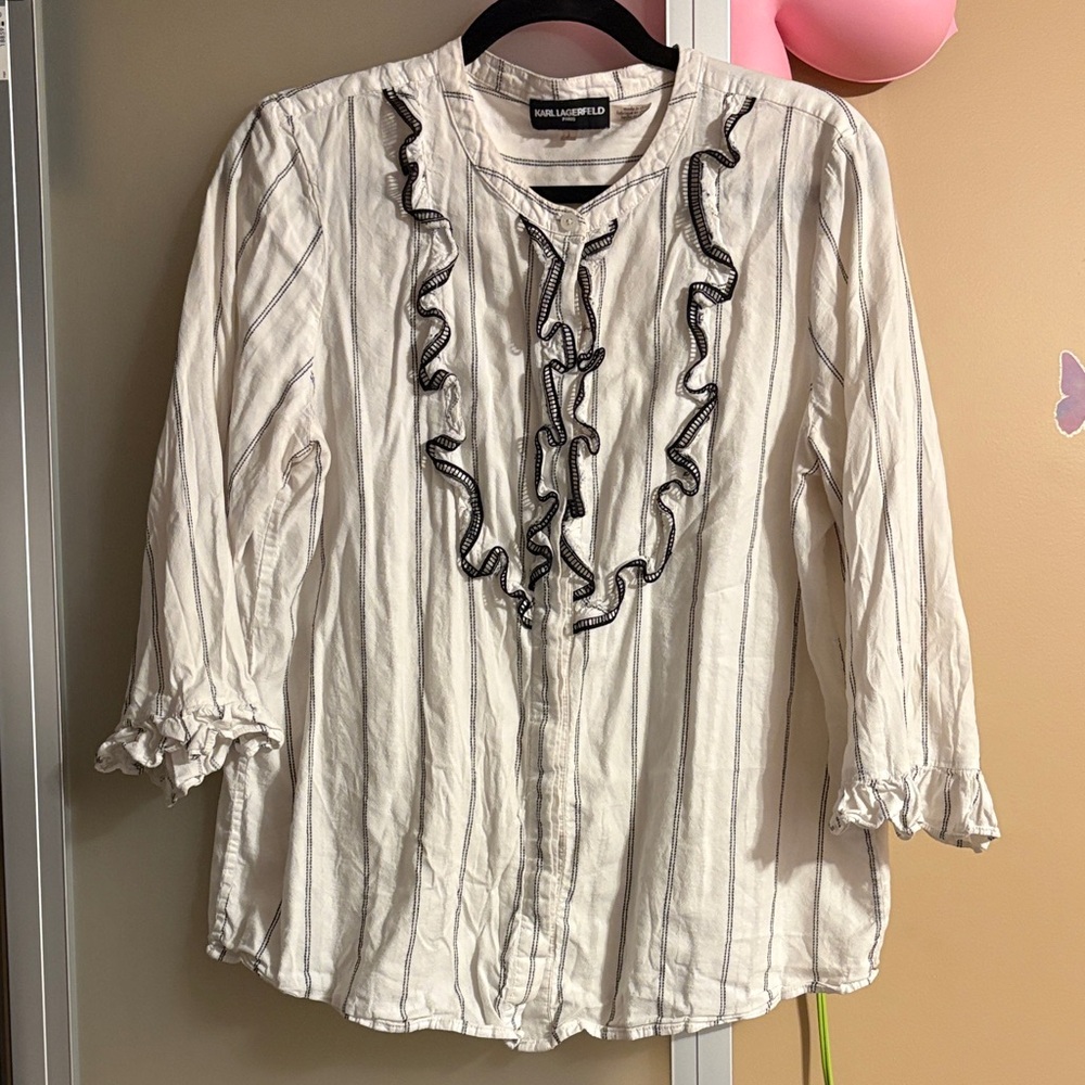 Karl Lagerfeld White and black stripe Ruffle Women's Top